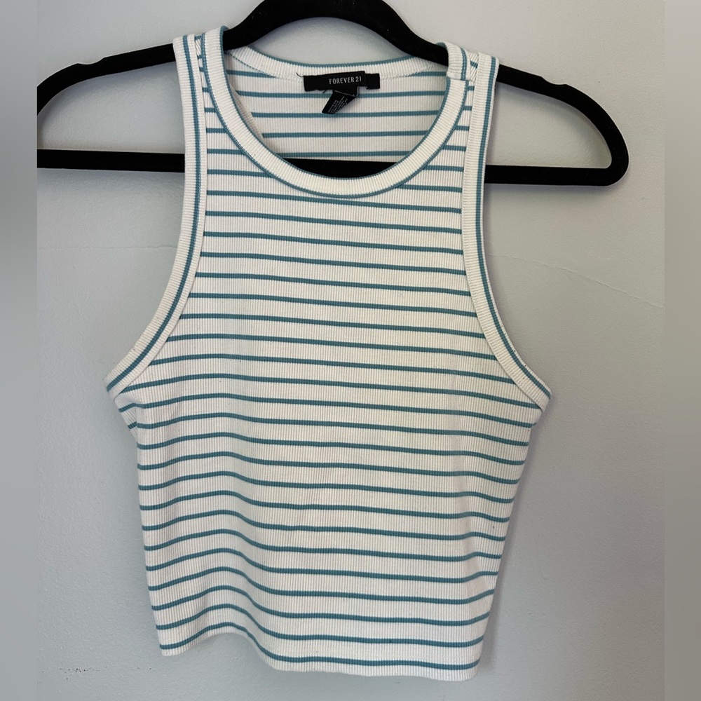 Forever 21 Women's Crop Tank Top - White and Blue Stripes